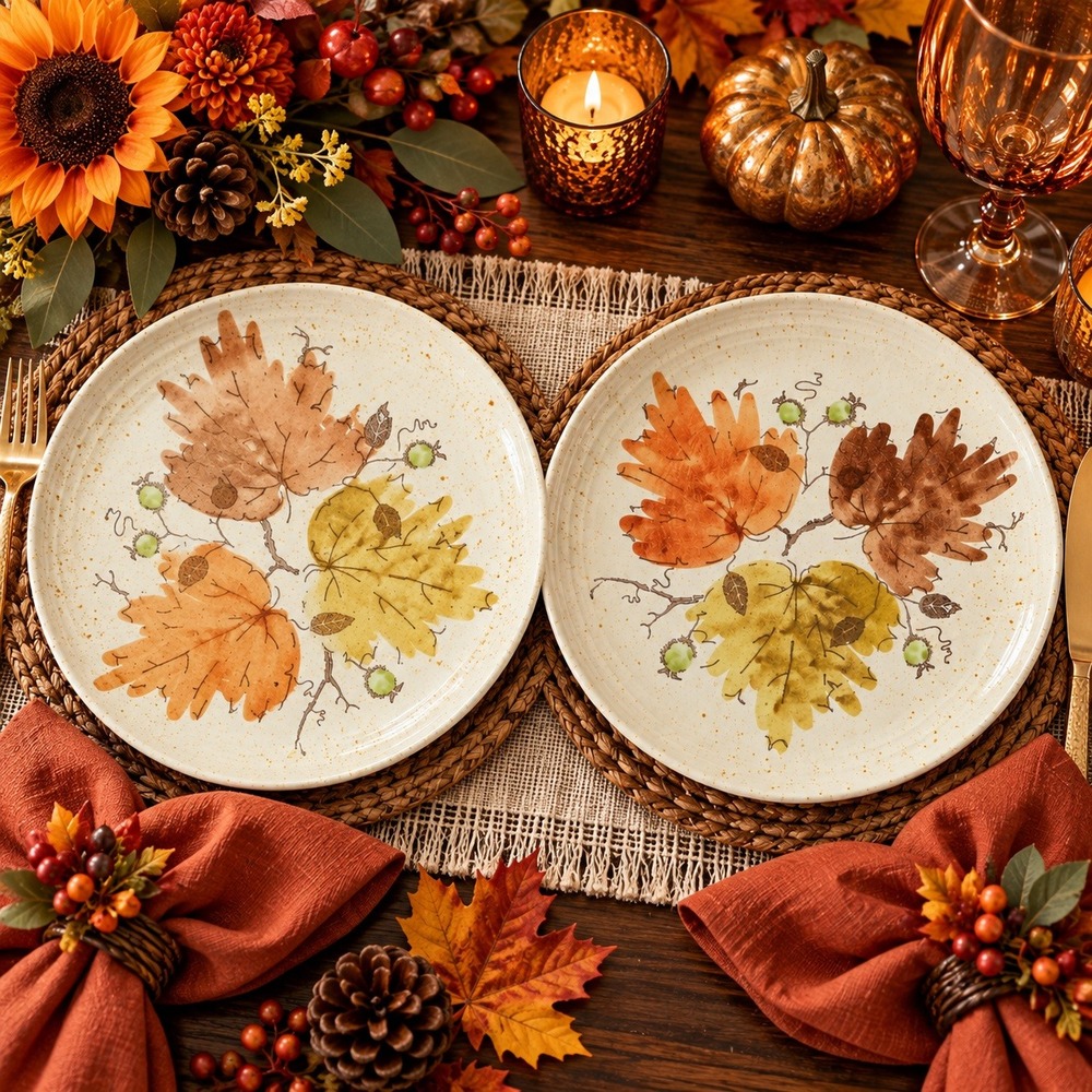 Metlox Poppytrail Dinner Plates Set of 2 Woodland Gold Autumn Leaf USA 10.5in